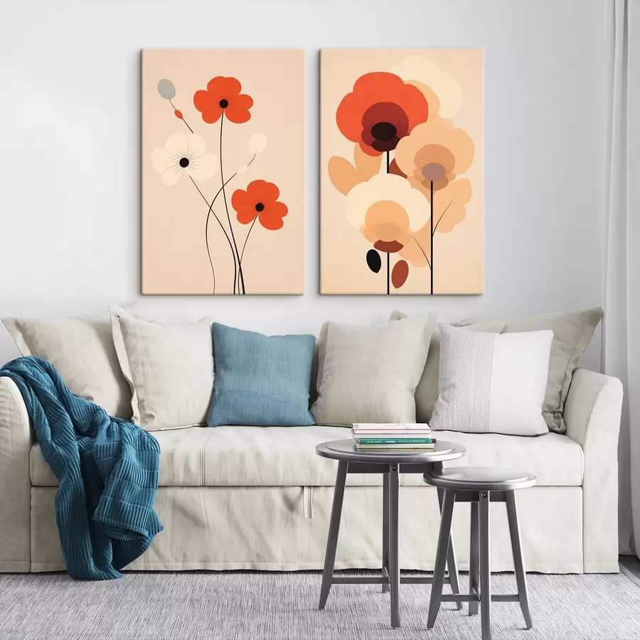 Fotobehang Minimalistisch bloemendiptiek in warme beige-koraaltinten met grafische lijnen m01090