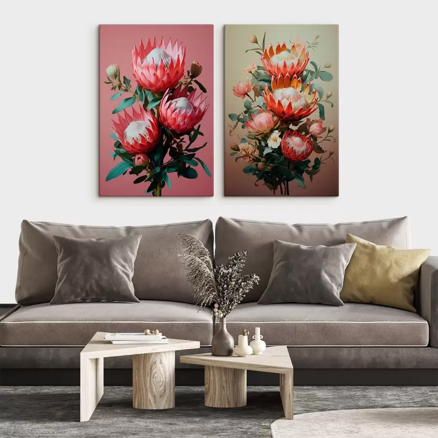 Fotobehang Proteas in twee stemmingen: rijke roze achtergrond en een warm olijfgroen kleurverloop m01092