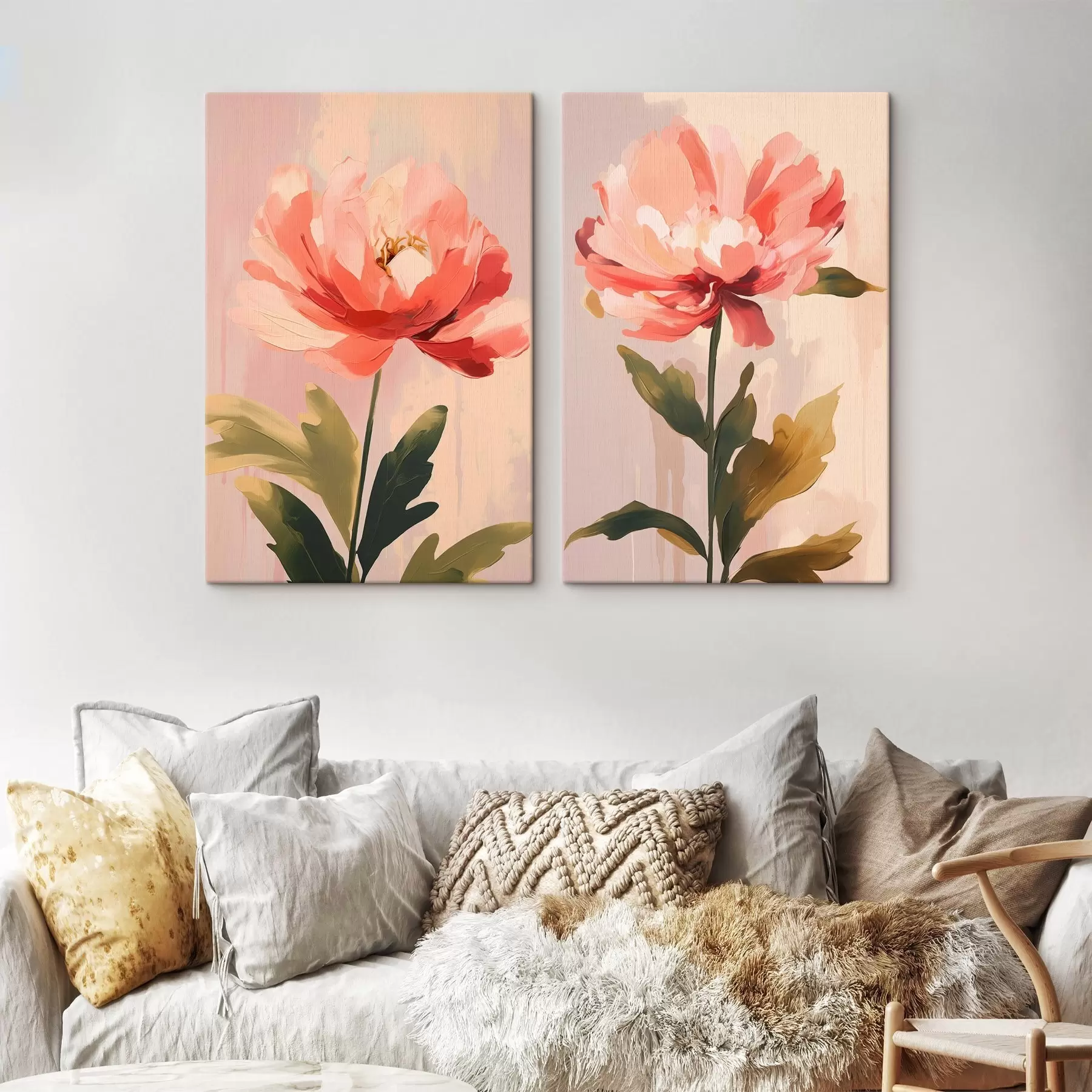  Peintures Pivoines pastel sur de longues tiges dans des tons rose chaud m01093