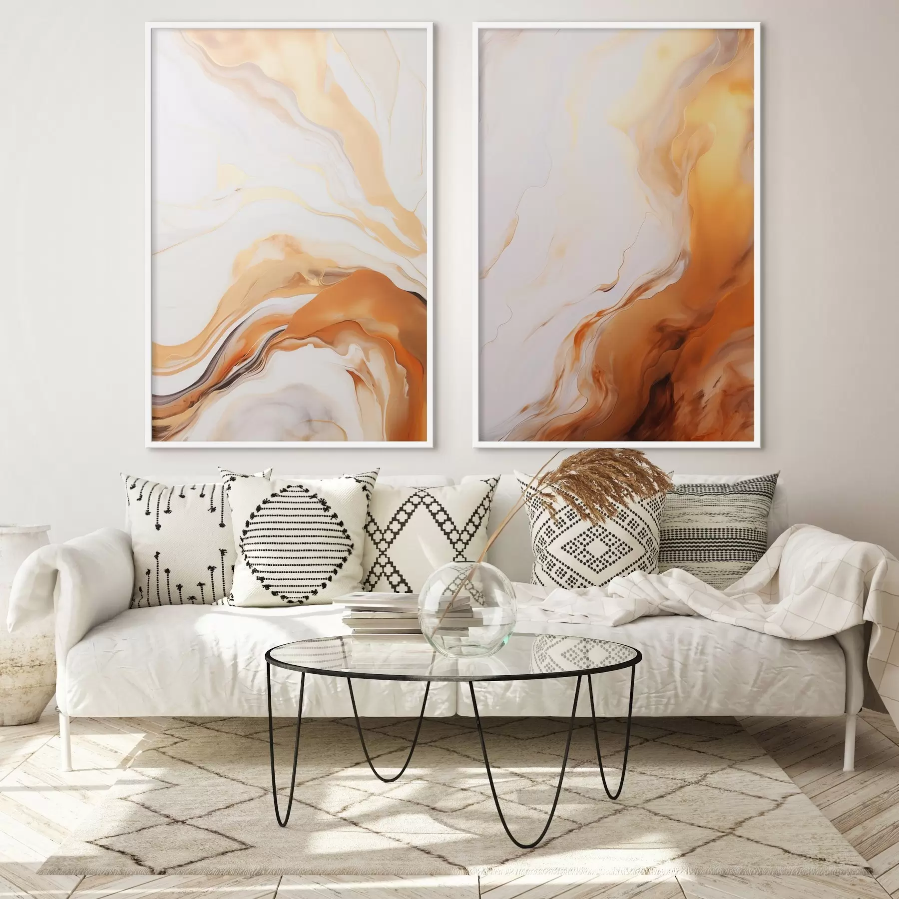 Fotobehang Abstracte schilderkunst imitatie met witte en oranje kleuren, vloeiende kunst met golvende lijnen, moderne kunst d00825