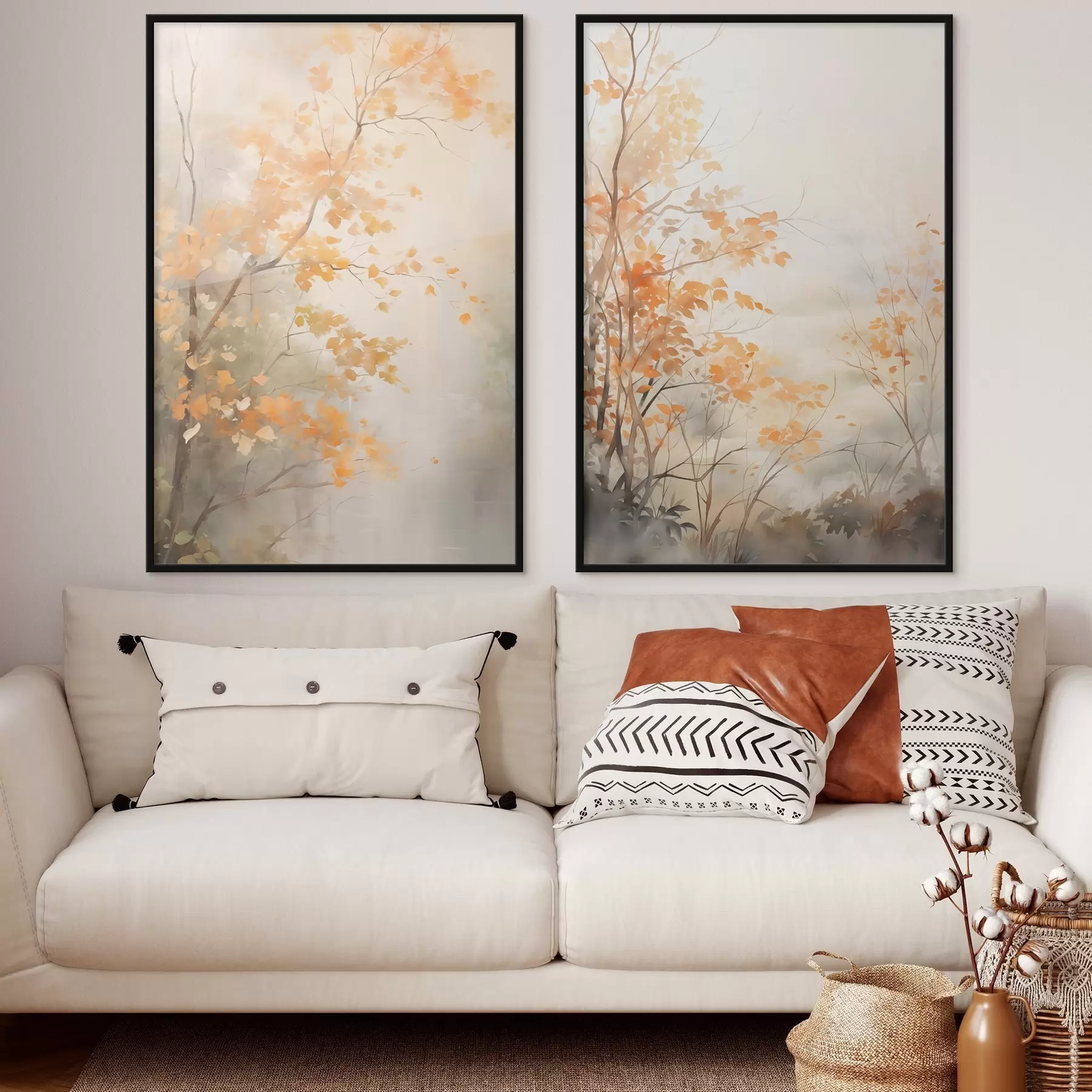 Papier peint photo Arbres d'automne aux feuilles et branches orange, style aquarelle doux, coups de pinceau délicats d00826