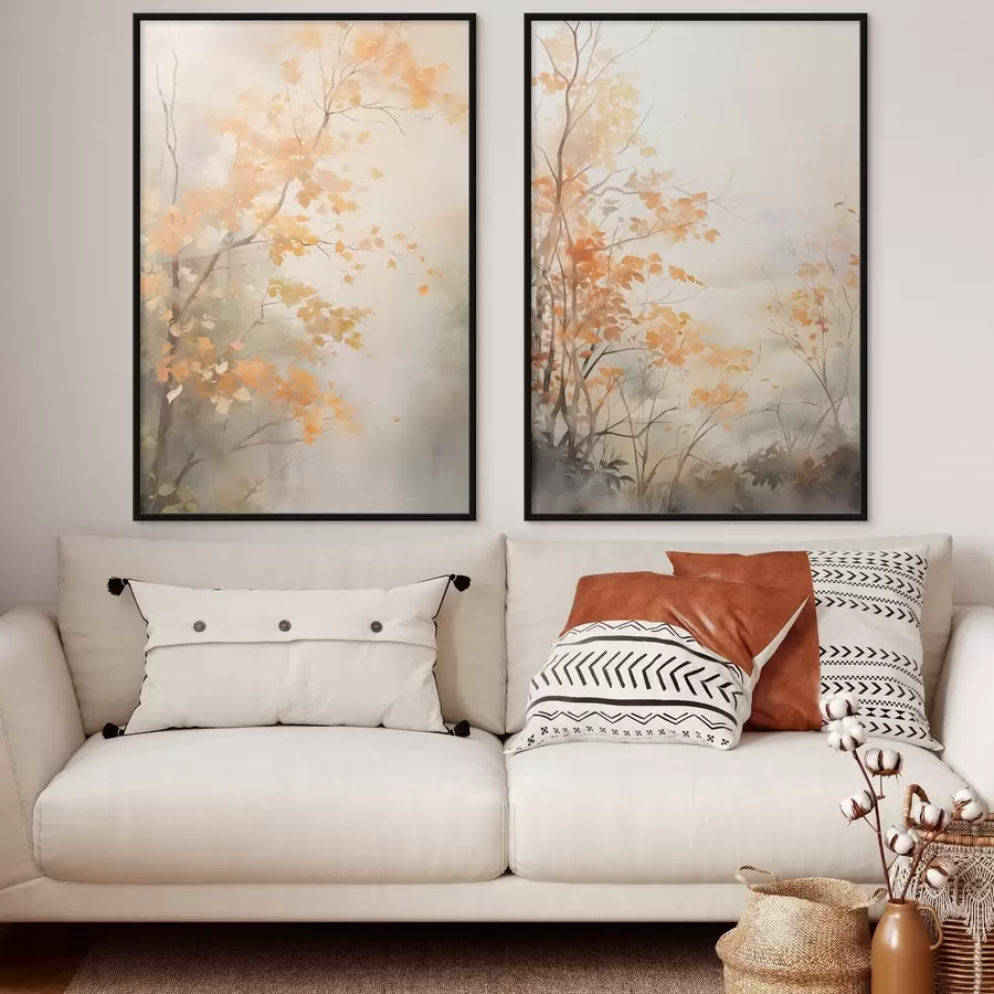 Papier peint photo Arbres d'automne aux feuilles et branches orange, style aquarelle doux, coups de pinceau délicats d00826