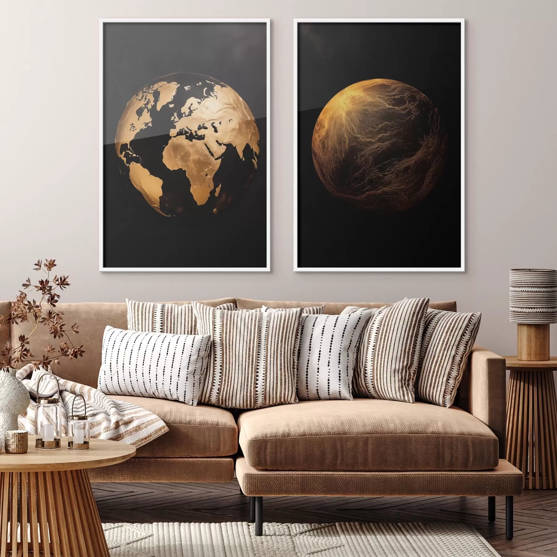 Papier peint photo Globe terrestre et planète abstraits texturés sur fond noir, art minimaliste moderne d00827