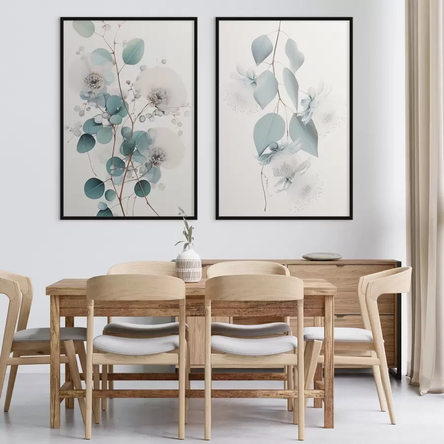 Papier peint photo Branche d'eucalyptus avec des feuilles bleues et des fleurs blanches, fond clair d00829