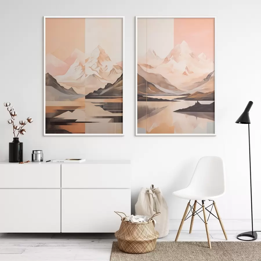 Papier peint photo Paysage abstrait avec des montagnes et un lac, couleurs pastel, style minimaliste d00830
