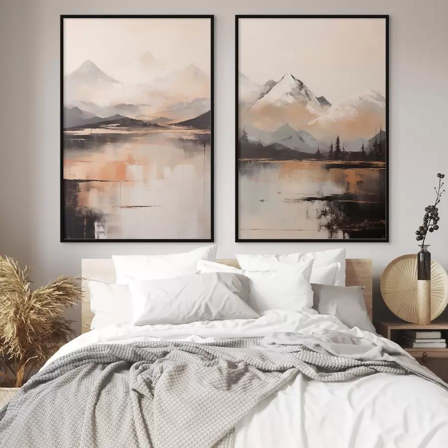 Papier peint photo Une peinture imitant un paysage texturé représentant des montagnes et un lac d00831