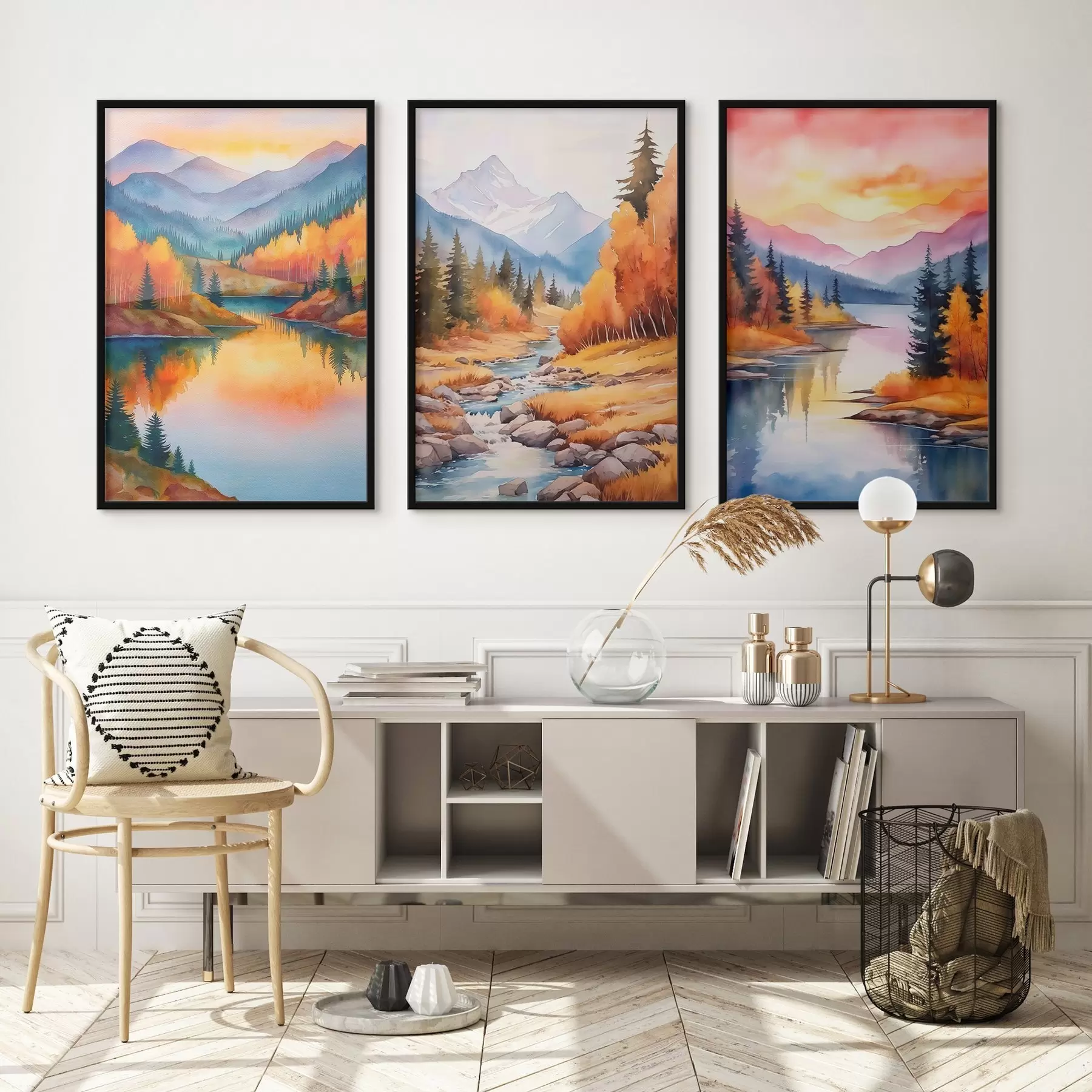 Papier peint photo Paysage montagneux automnal aux teintes chaudes du coucher de soleil d00930