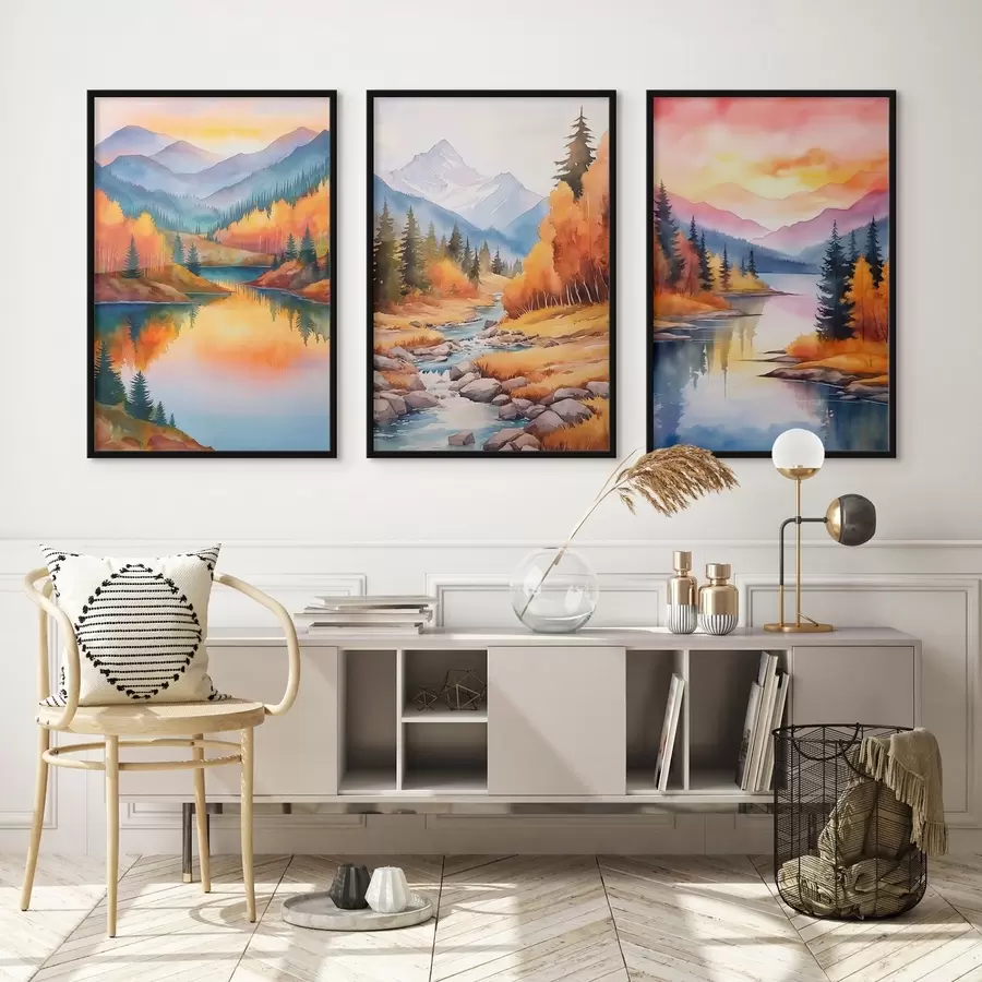 Papier peint photo Paysage montagneux automnal aux teintes chaudes du coucher de soleil d00930