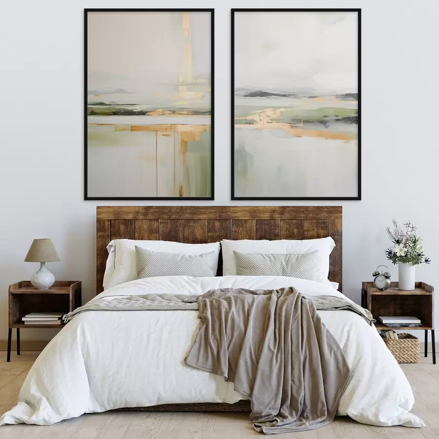 Papier peint photo Paysage abstrait avec des accents jaunes, une composition minimaliste de terre, d'eau et de ciel, avec des couleurs douces d00877