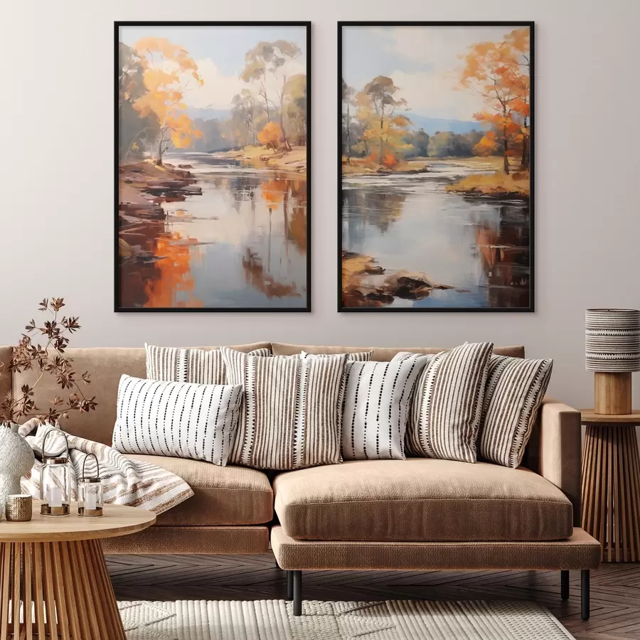 Papier peint photo Paysage automnal, rivière bordée d'arbres, forêt en arrière-plan, reflets sur l'eau d00883