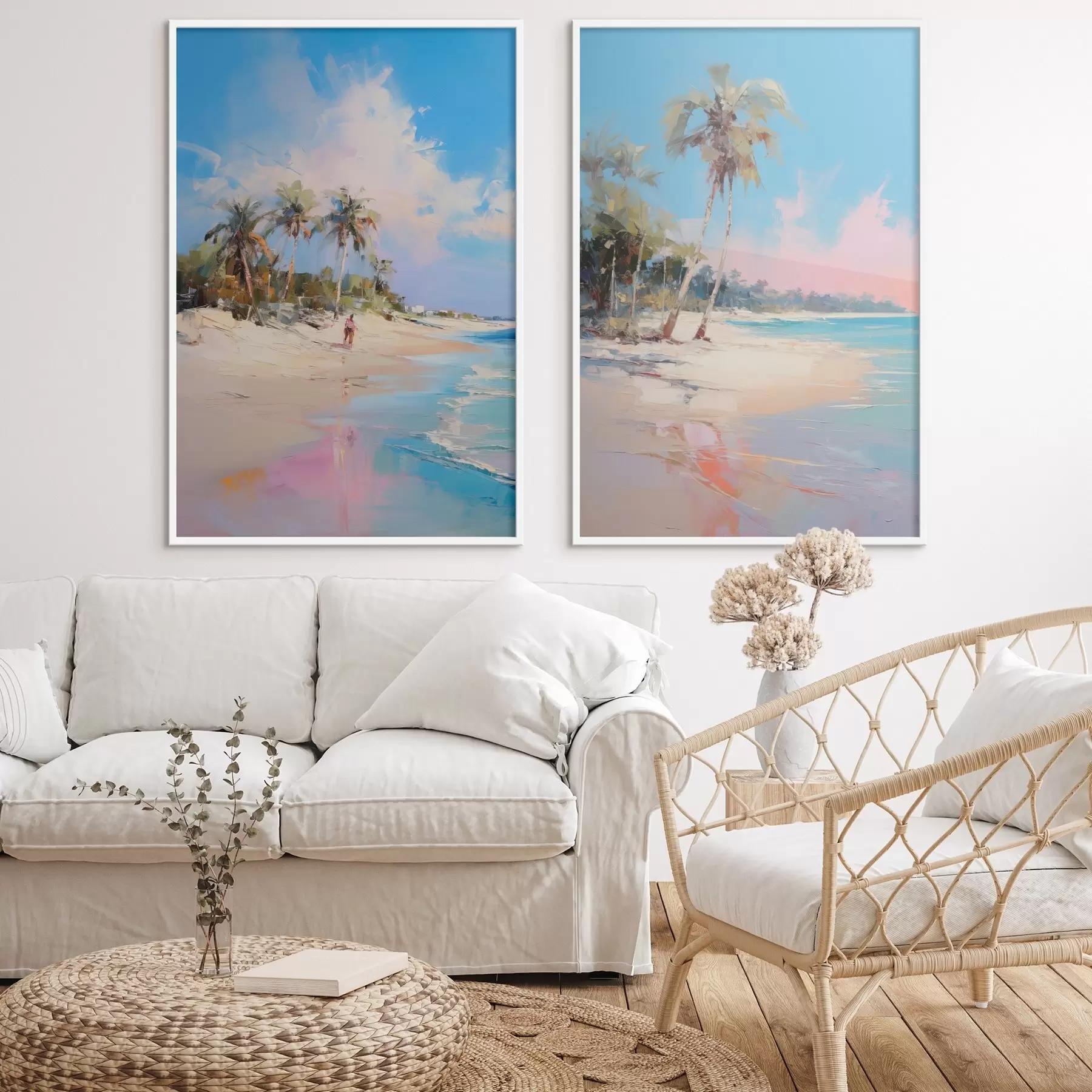 Papier peint photo Paysage abstrait, une plage avec des palmiers, une journée ensoleillée avec un ciel bleu et quelques nuages d00885