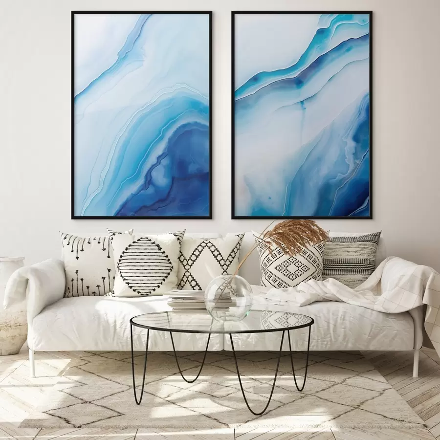 Papier peint photo Imprimé abstrait bleu et blanc agate, lignes tourbillonnantes et dégradés, texture lisse, art moderne, minimaliste d00888