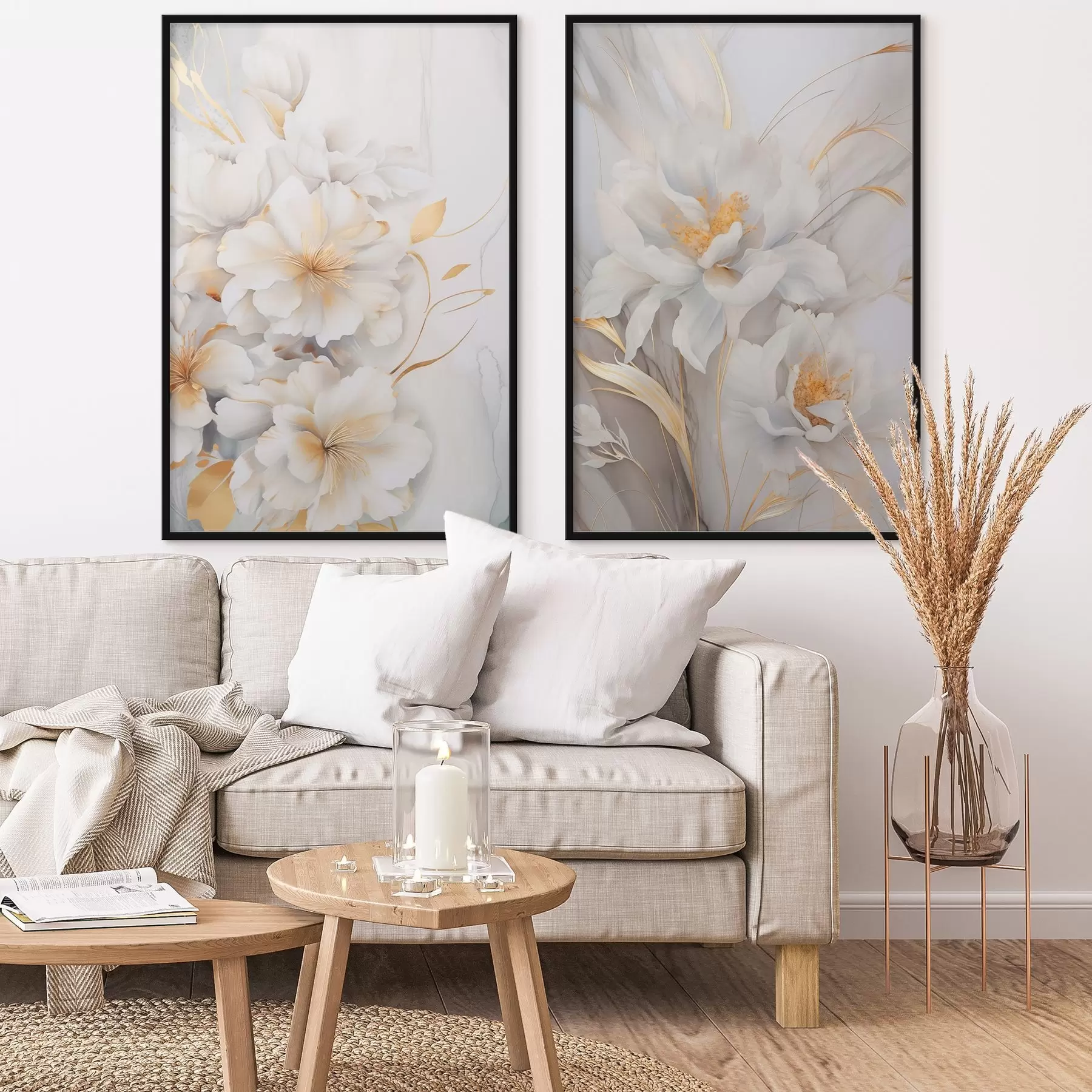 Papier peint photo Fleurs blanches avec des détails jaunes, pétales avec des ombres subtiles, fond clair avec un effet marbré subtil d00889