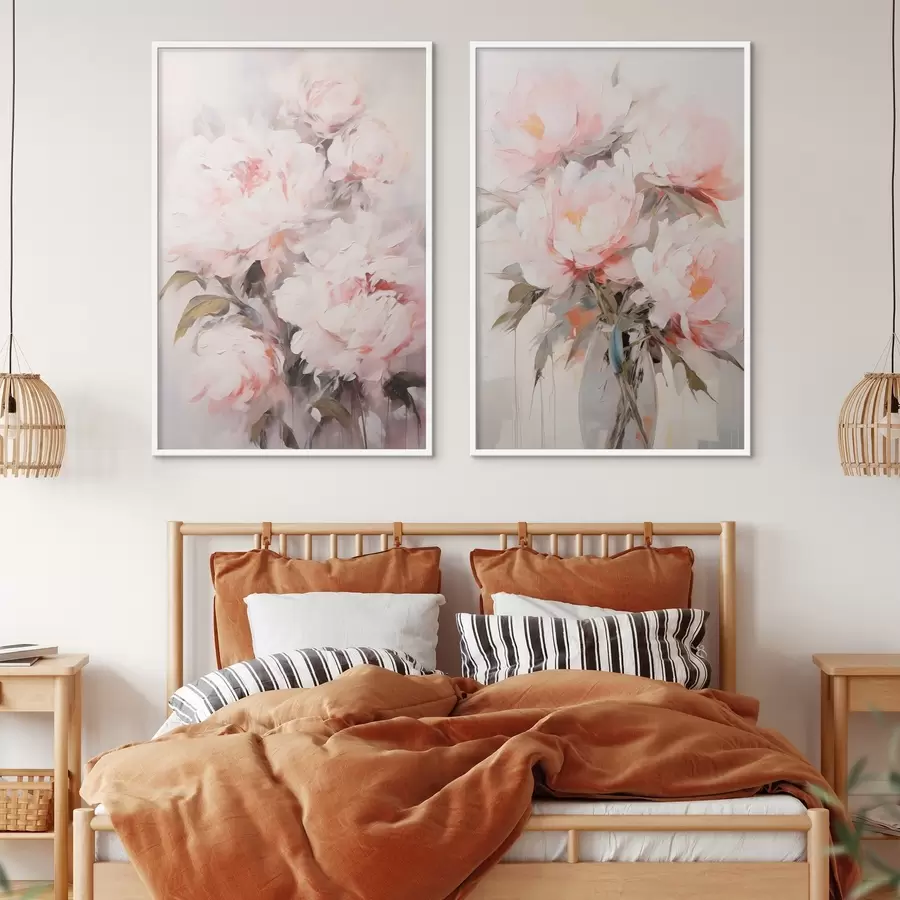 Papier peint photo Bouquet de pivoines rose pâle avec des feuilles vertes, coups de pinceau doux, couleurs pastel, sur fond clair d00890