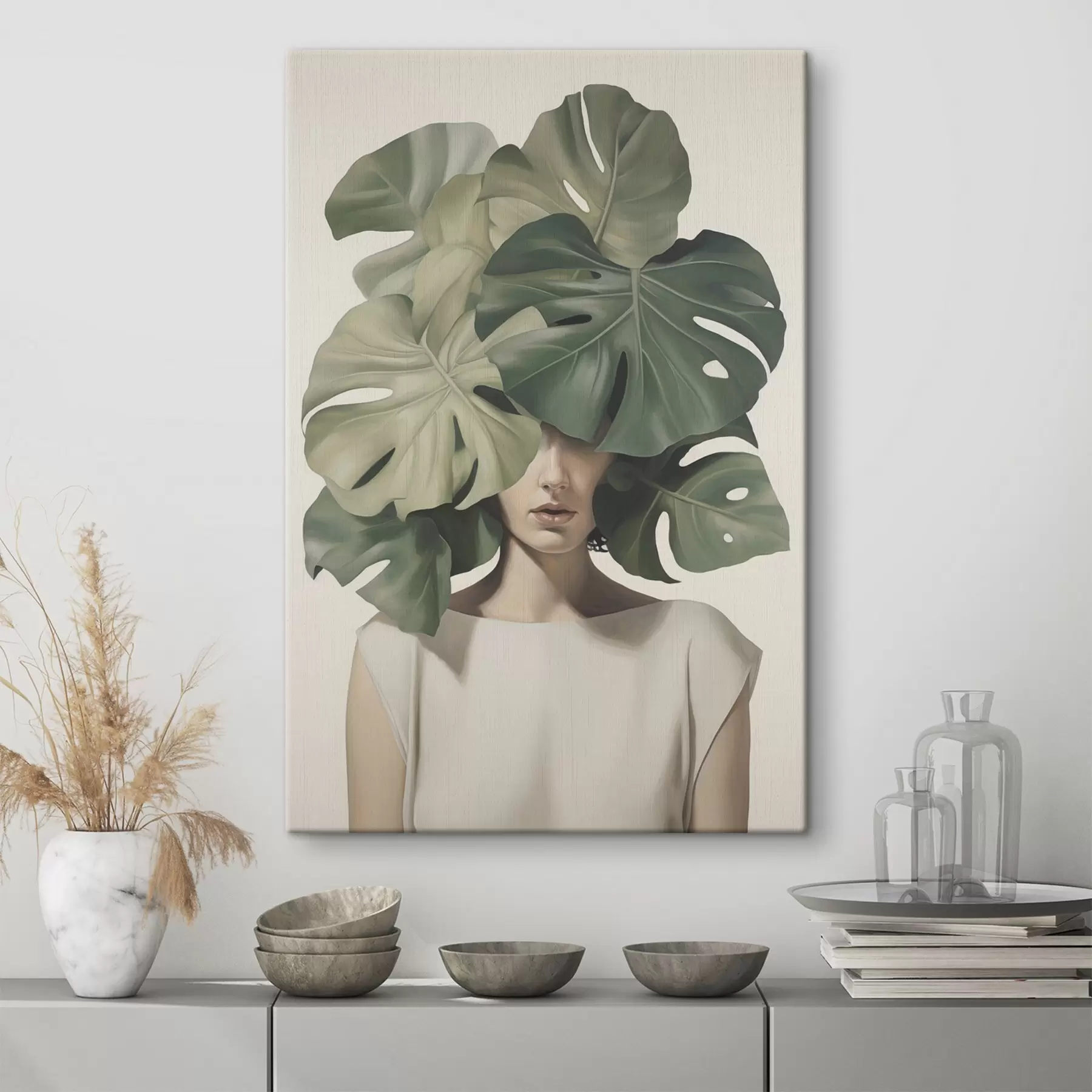  Schilderijen Abstract portret van een meisje met monstera-bladeren s47336