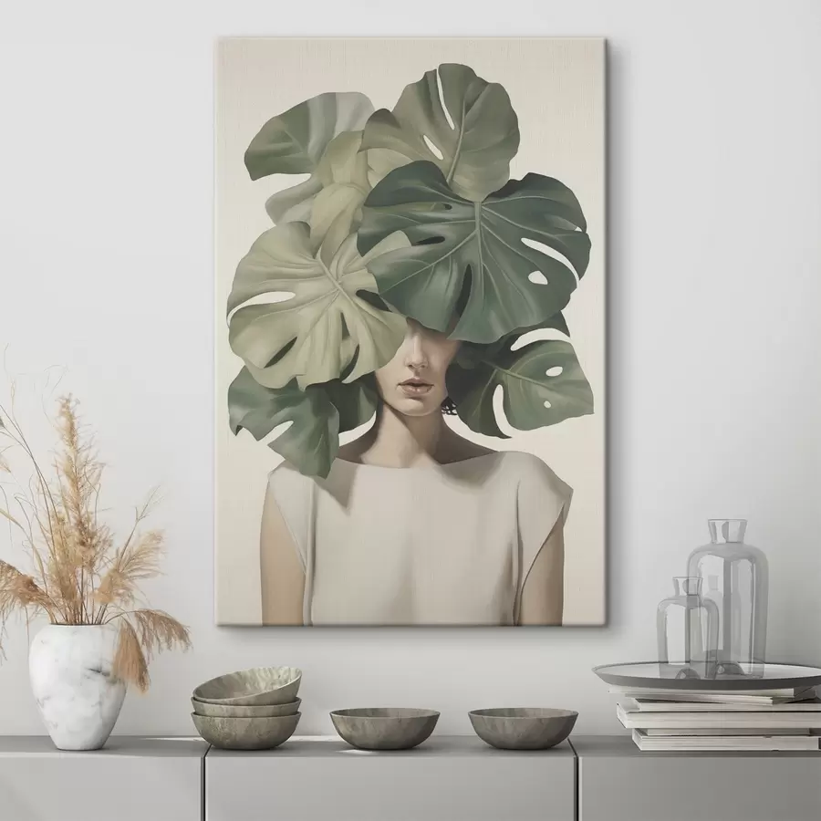  Peintures Portrait abstrait d'une fille avec des feuilles de monstera s47336