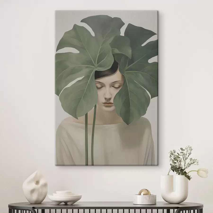  Peintures Fille avec des feuilles tropicales s47335