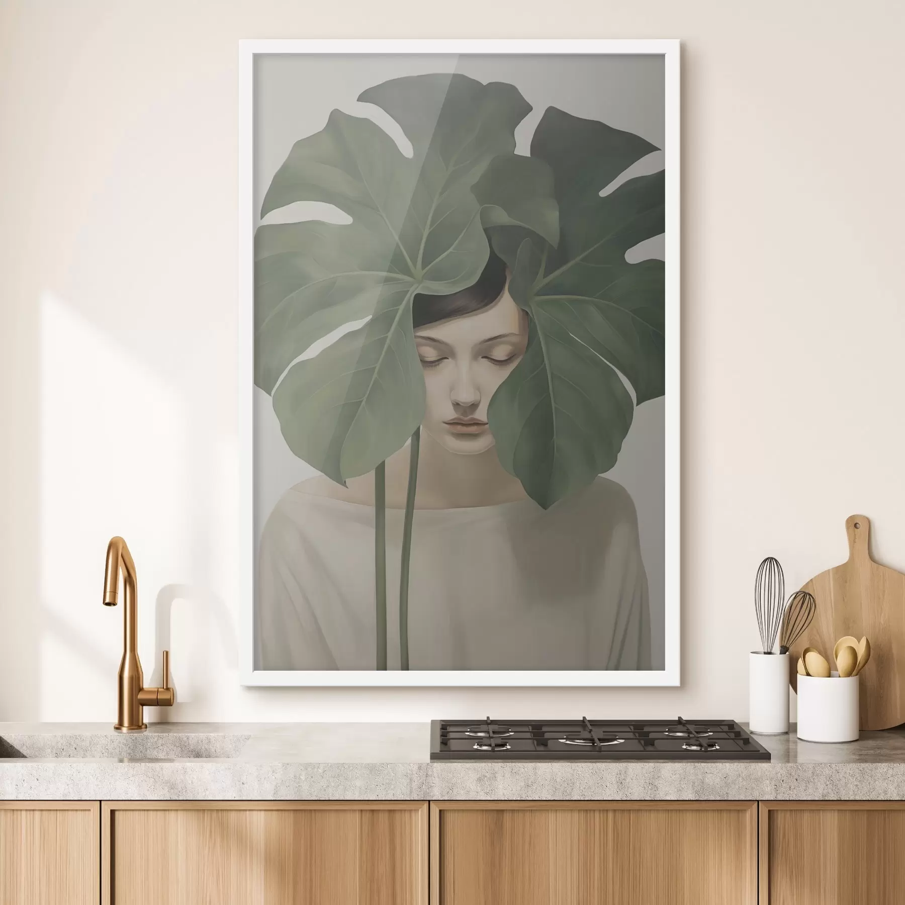 Fotobehang Meisje met tropische bladeren f47335