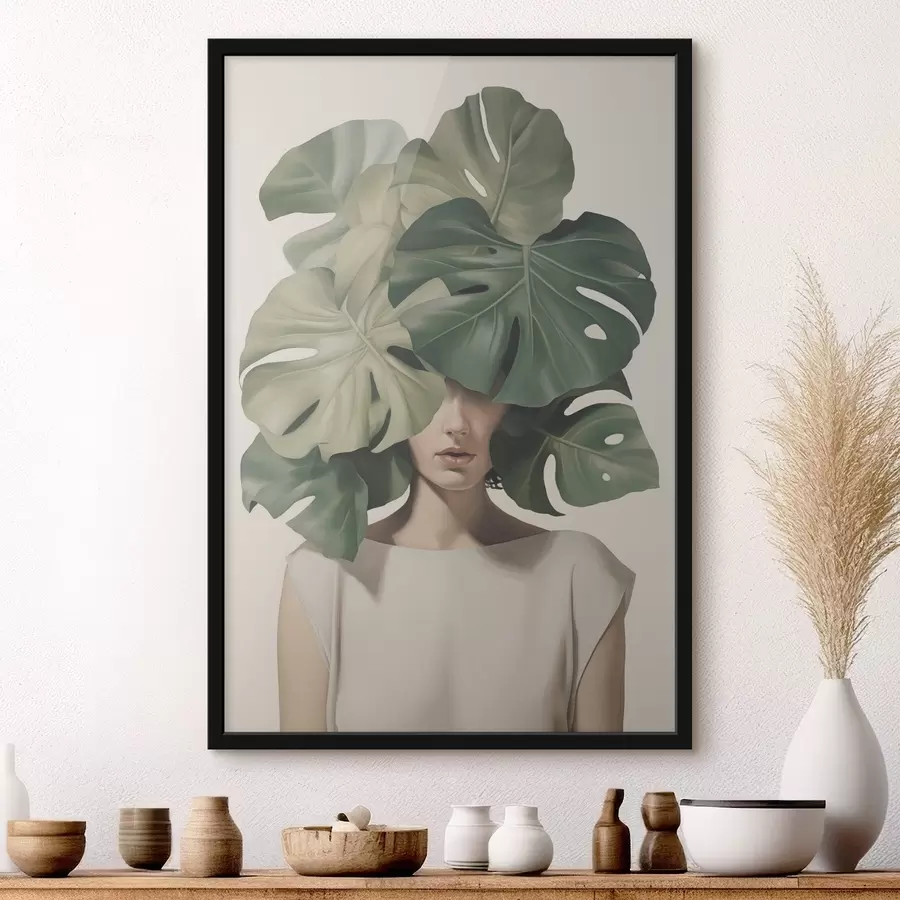 Papier peint photo Portrait abstrait d'une fille avec des feuilles de monstera f47336