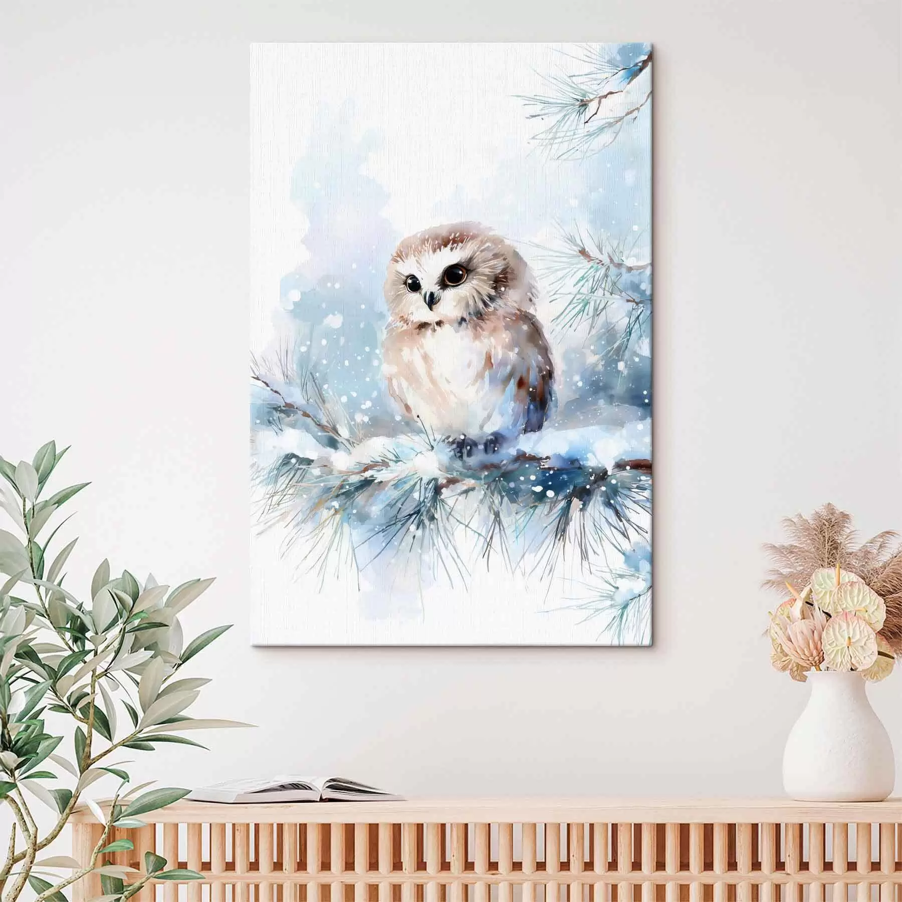  Peintures Jolie chouette sur une branche de pin enneigée, peinte à l'aquarelle s47115