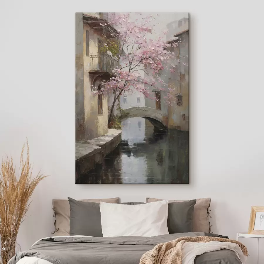 Peintures paysage urbain romantique avec un arbre en fleurs dans le style d'une peinture à l'huile s47126