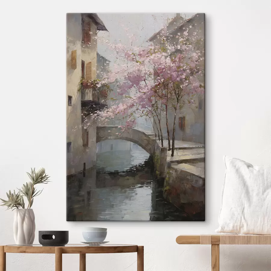  Peintures paysage urbain romantique avec un arbre en fleurs dans le style d'une peinture à l'huile s47127