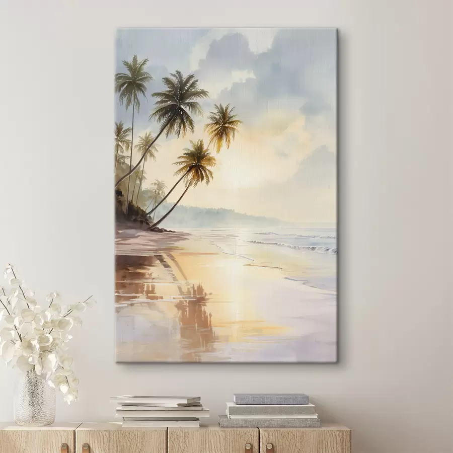  Peintures plage au coucher du soleil sur une île, style aquarelle s47136