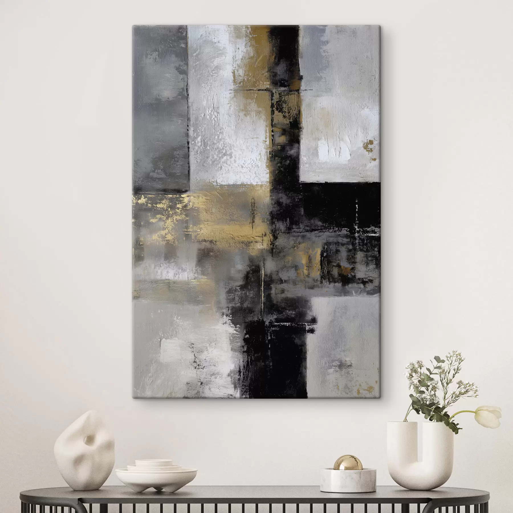  Peintures abstraction texturale contemporaine dans des tons noirs, gris et blancs s47140