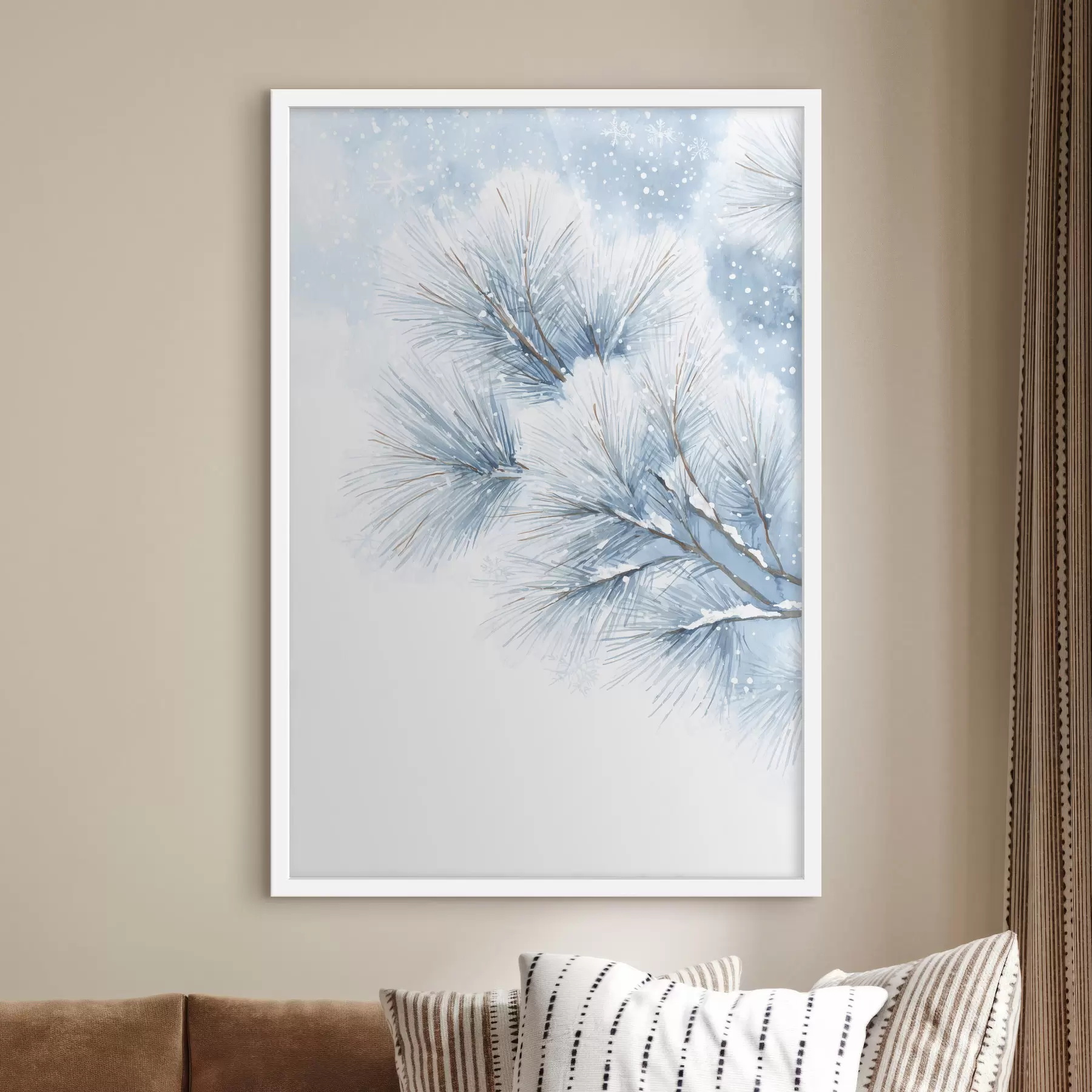 Fotobehang met sneeuw bedekte dennentak in aquarelstijl f47114