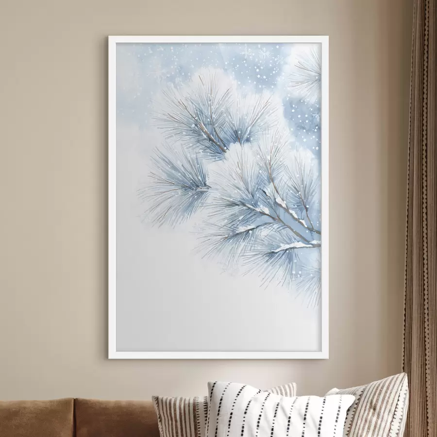 Papier peint photo branche de pin enneigée peinte à l'aquarelle f47114