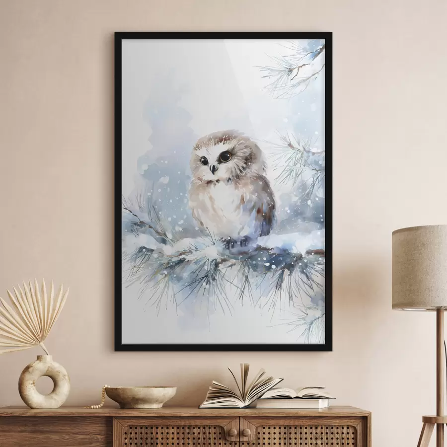 Papier peint photo Jolie chouette sur une branche de pin enneigée, peinte à l'aquarelle f47115