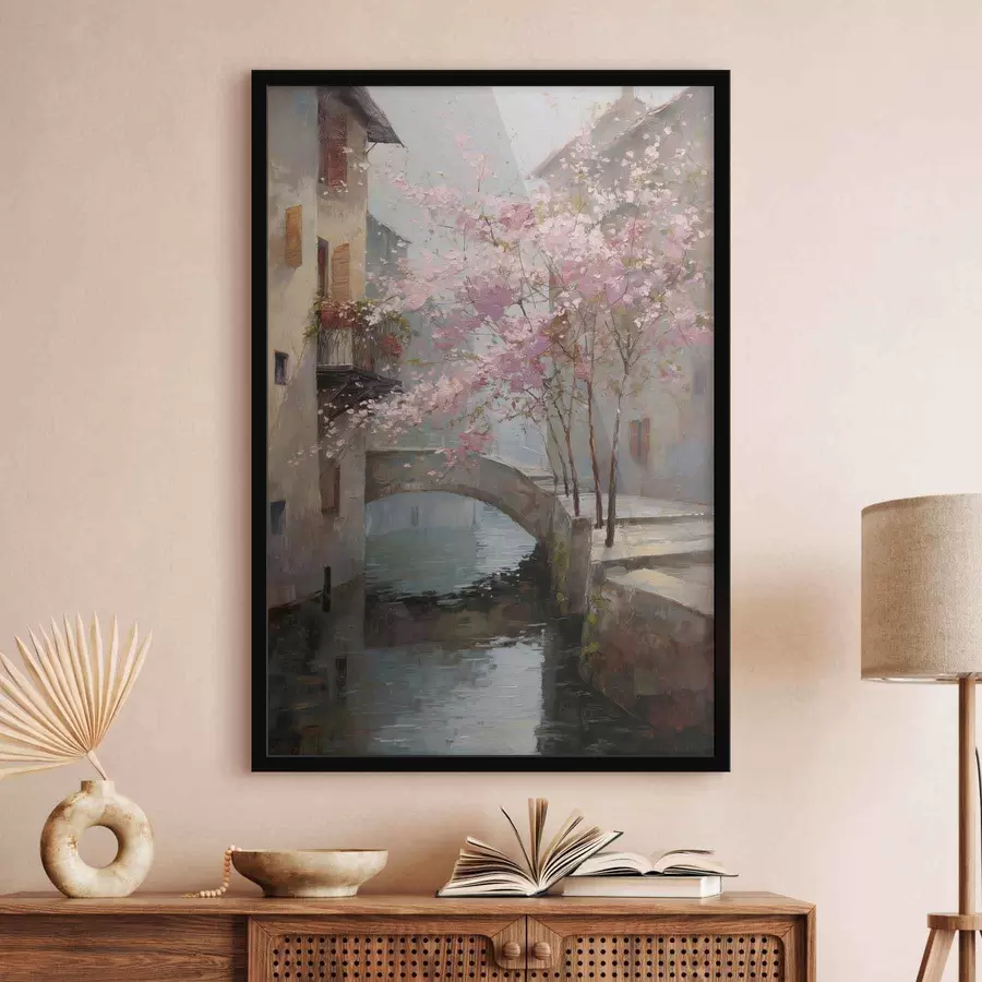 Papier peint photo paysage urbain romantique avec un arbre en fleurs dans le style d'une peinture à l'huile f47127