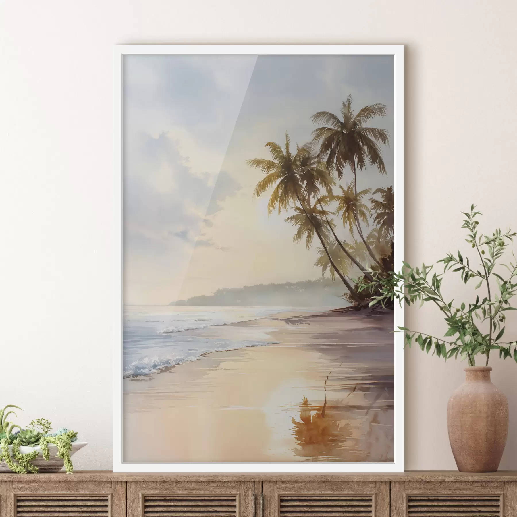 Fotobehang zonsondergangstrand op een eiland in aquarelstijl f47135