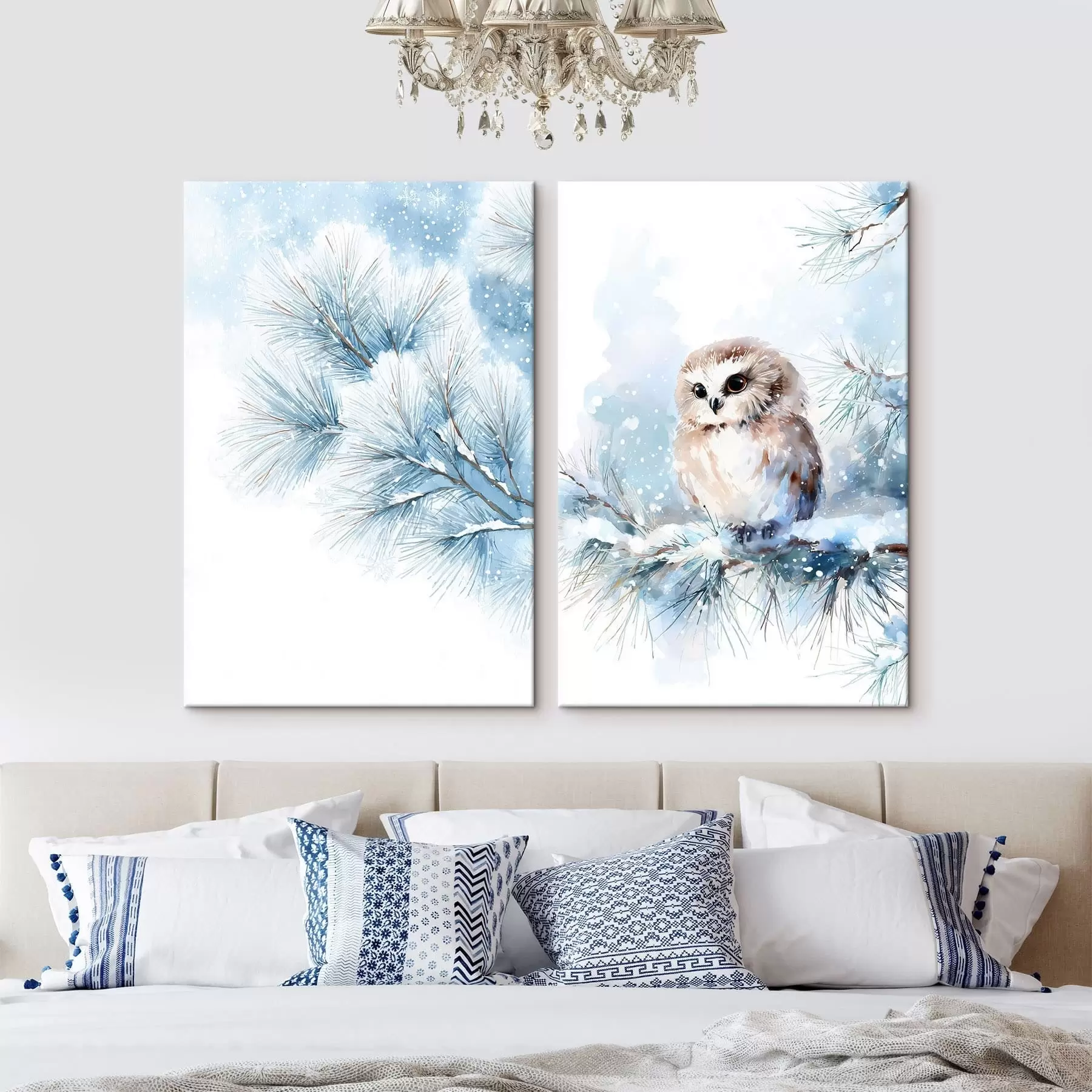  Schilderijen schattige uil op een met sneeuw bedekte dennenboomtak in aquarelstijl m01168