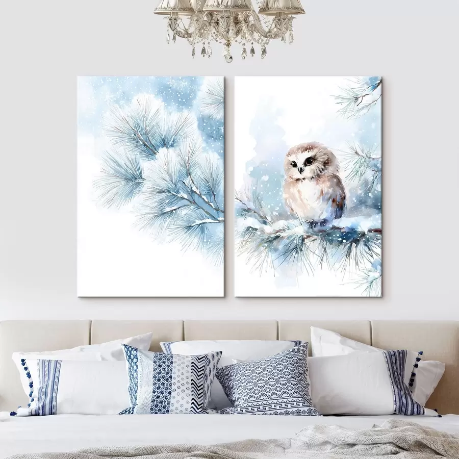  Peintures Jolie chouette sur une branche de pin enneigée, peinte à l'aquarelle m01168