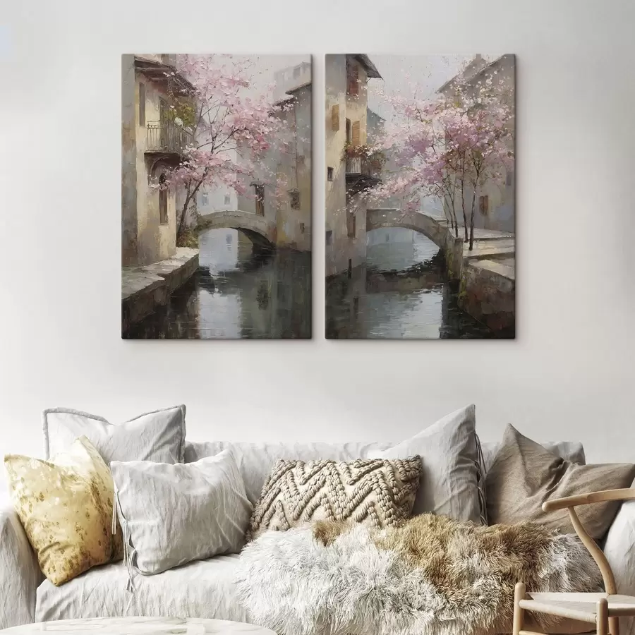  Peintures paysage urbain romantique avec un arbre en fleurs dans le style d'une peinture à l'huile m01173