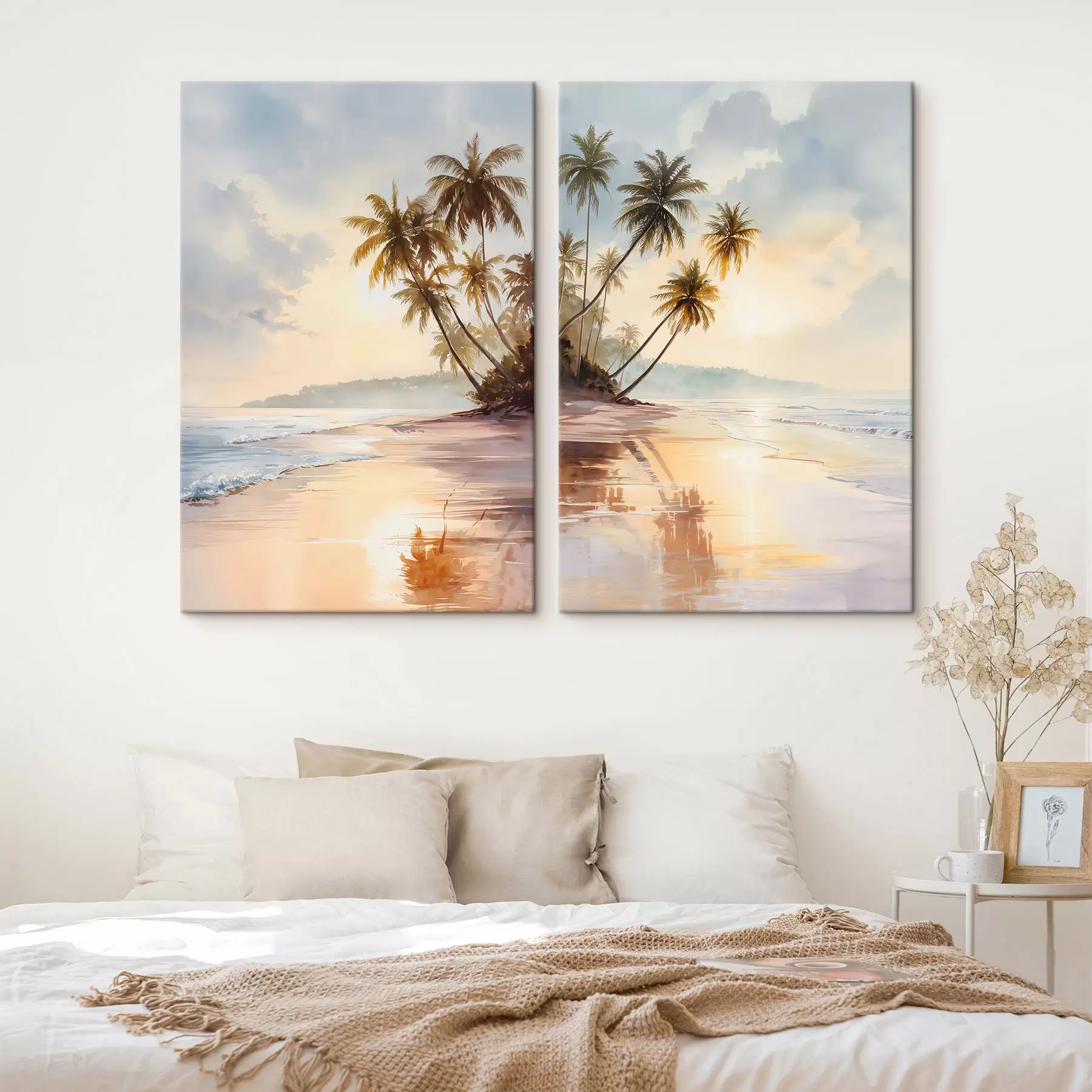  Peintures plage au coucher du soleil sur une île, style aquarelle m01177