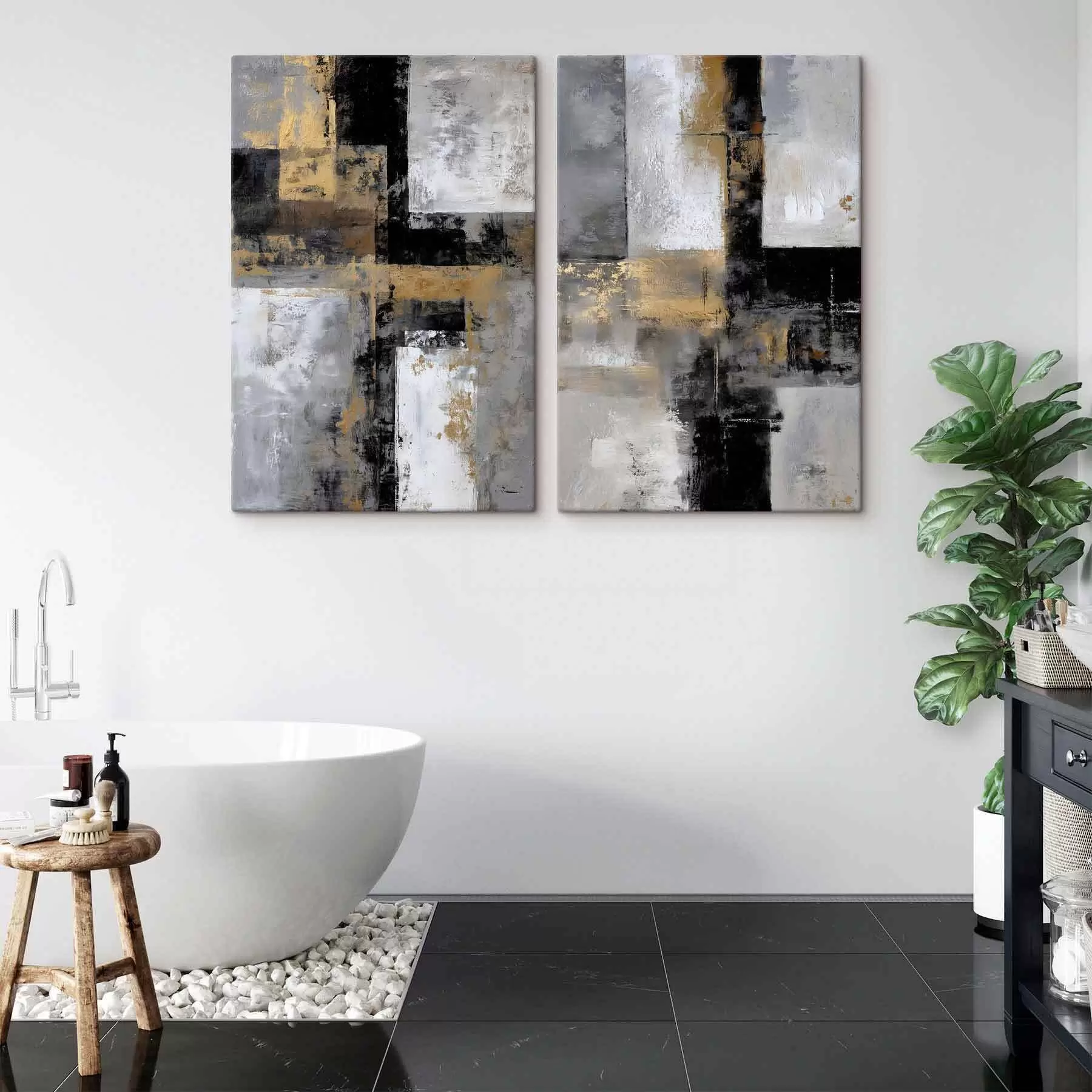  Peintures abstraction texturale contemporaine dans des tons noirs, gris et blancs m01179