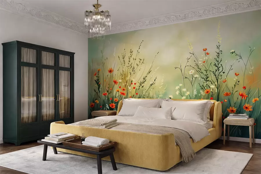 Papier peint photo Fleurs des champs et herbes dans un style pictural doux w05015