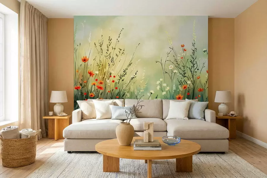 Papier peint photo Fleurs des champs et herbes dans un style pictural doux w05015