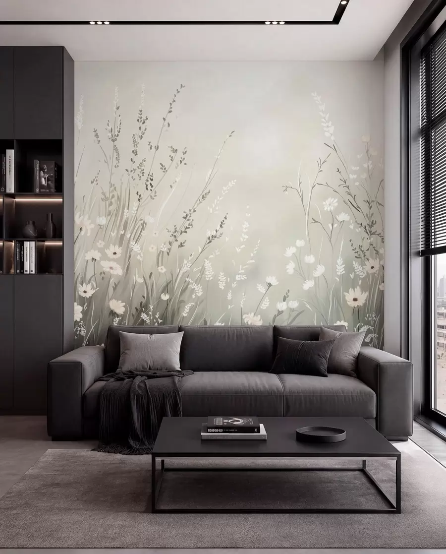 Fotobehang Zachte weidescène met witte bloemen en delicate grassen w05015v1