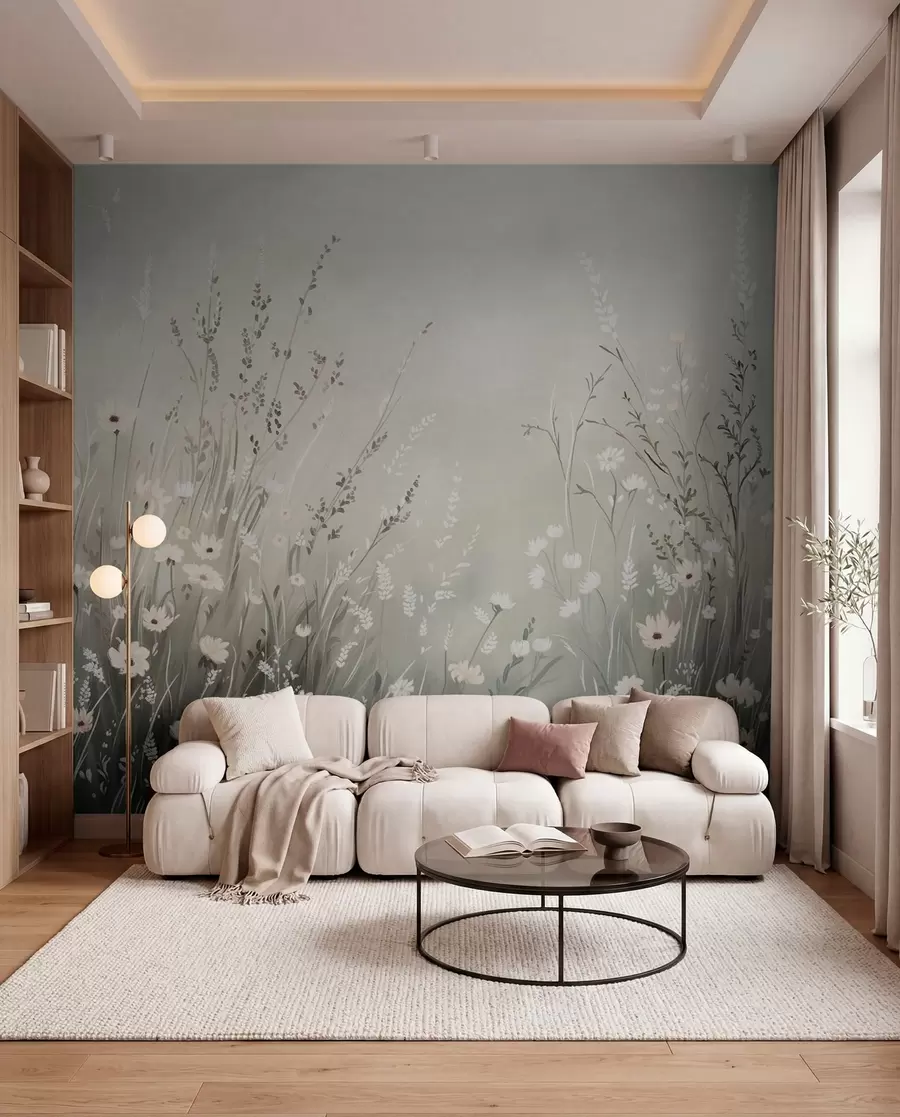 Fotobehang Zachte weidescène met witte bloemen en delicate grassen w05015v1