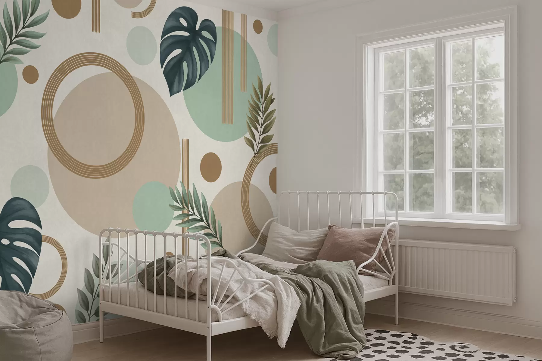 Fotobehang Geometrisch patroon met bladeren in groene kleuren w05018v1