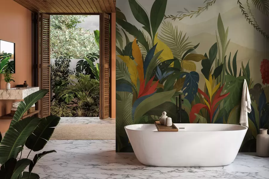 Papier peint photo Feuillage tropical avec de grandes feuilles et fleurs w05019