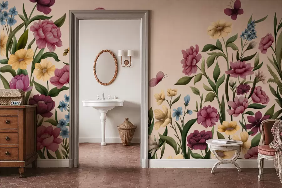 Papier peint photo Composition florale avec des plantes et des papillons sur fond clair w05072