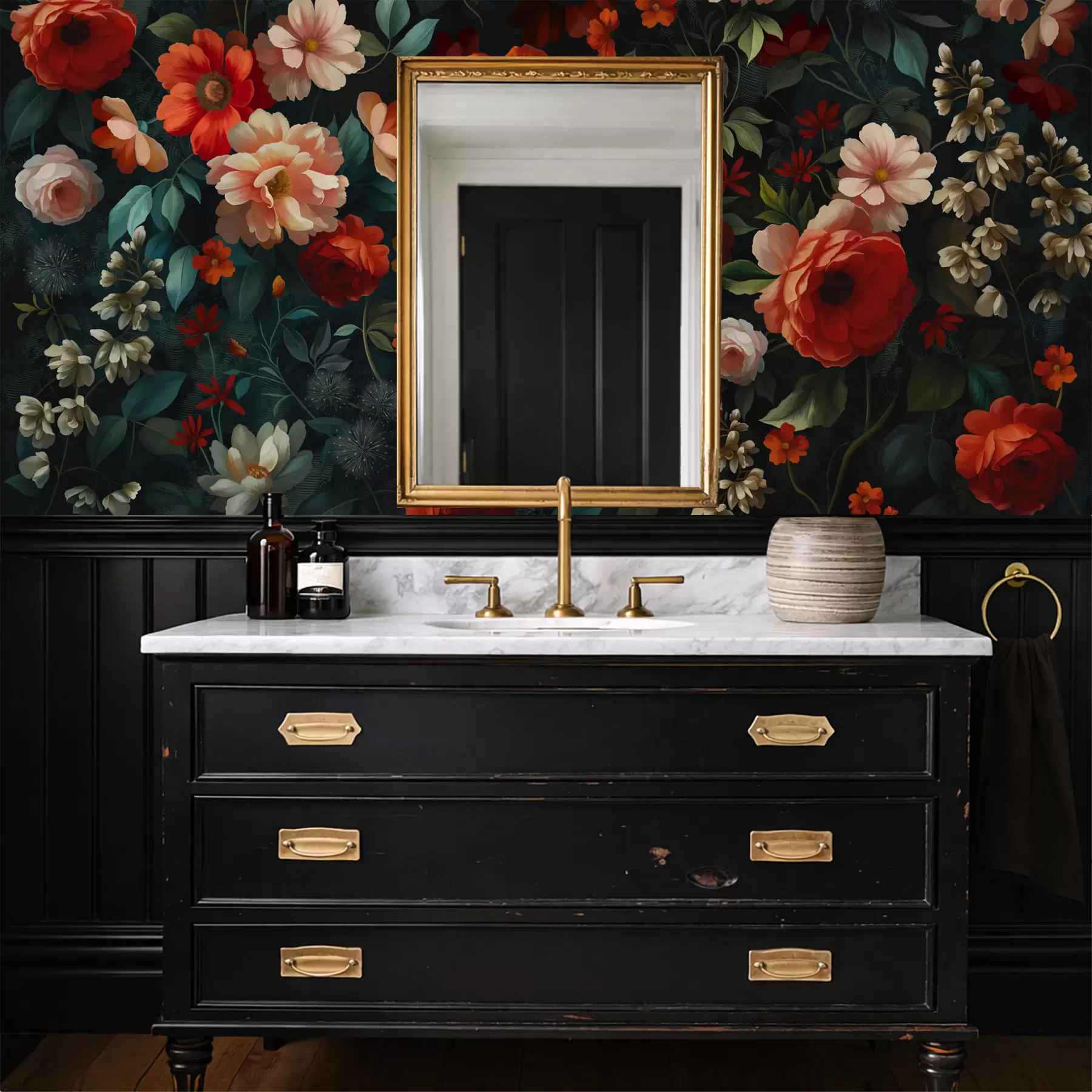 Fotobehang Donker bloemenpatroon met weelderige tuinbloemen w05087