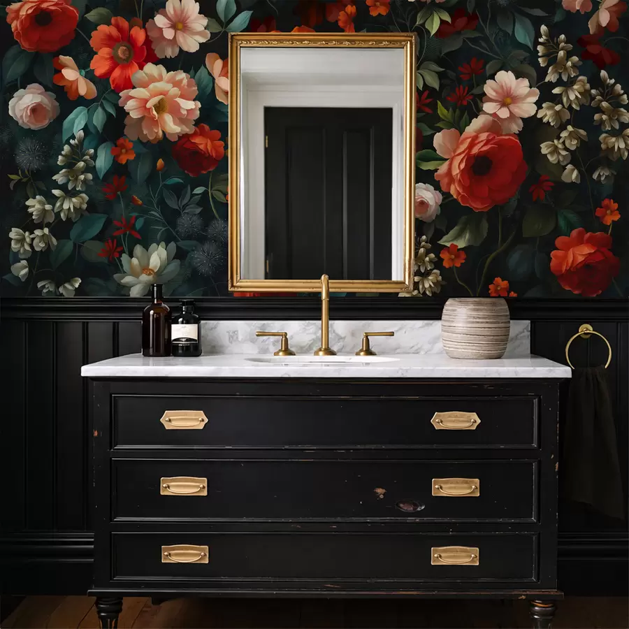 Fotobehang Donker bloemenpatroon met weelderige tuinbloemen w05087