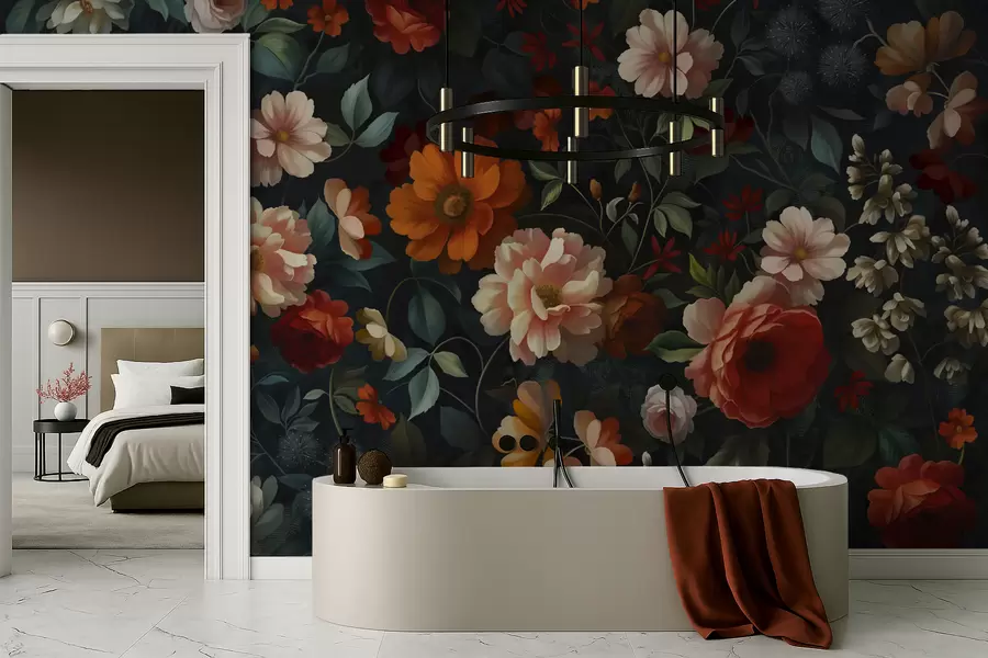 Fotobehang Donker bloemenpatroon met weelderige tuinbloemen w05087