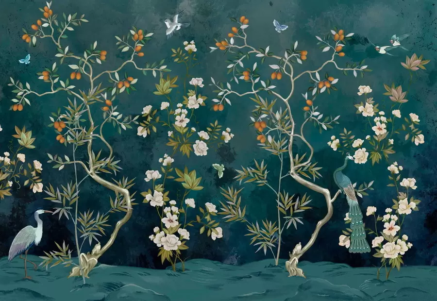 Papier peint photo Scène décorative avec des arbres, des fleurs et des oiseaux sur fond sombre w05004