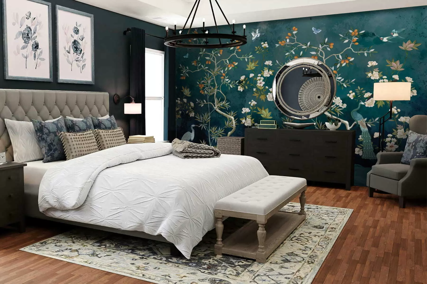 Fotobehang Decoratieve scène met bomen, bloemen en vogels op donkere achtergrond w05004